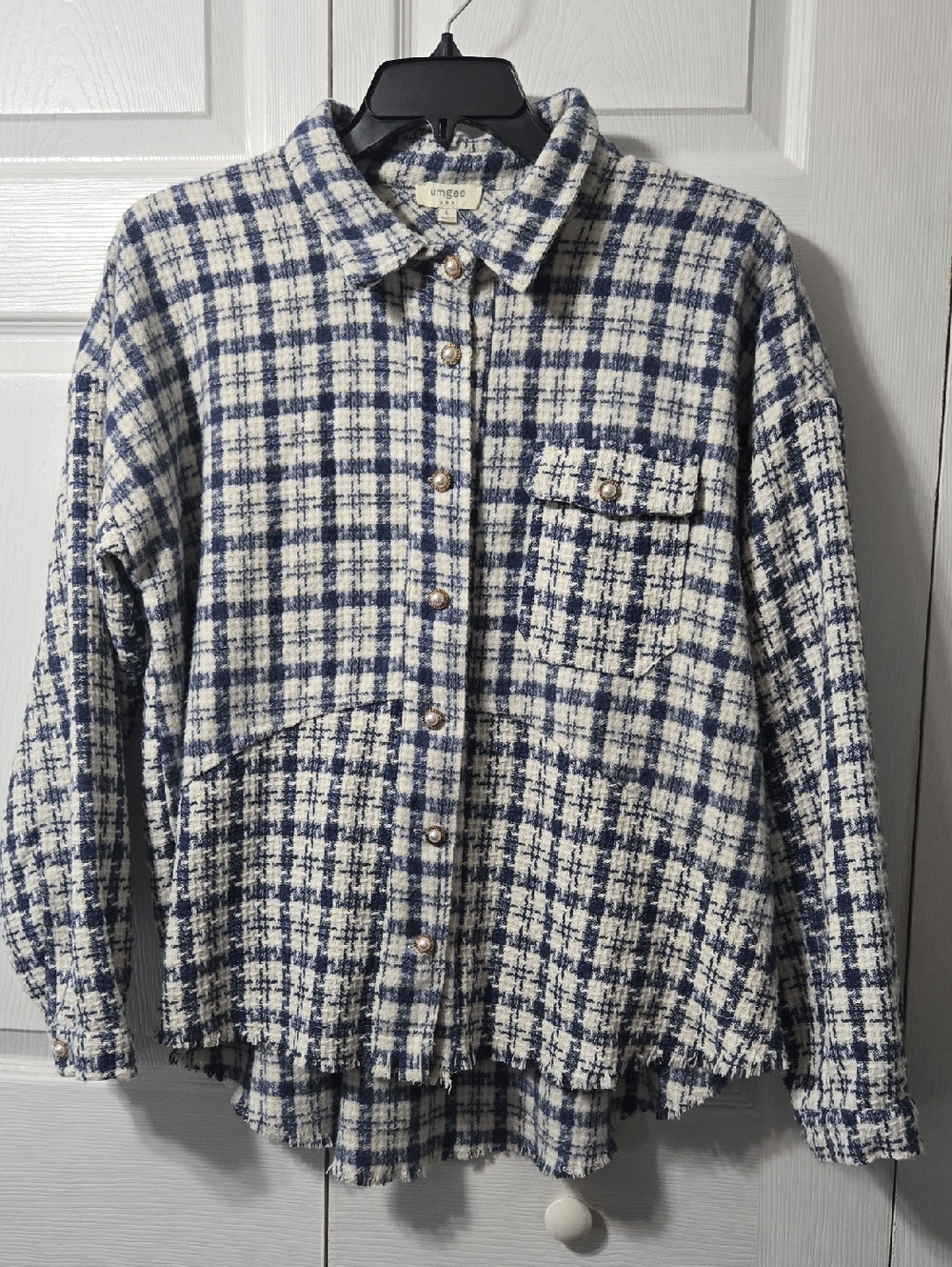 Umgee Navy and Cream Plaid Button-Front Shirt Jacket